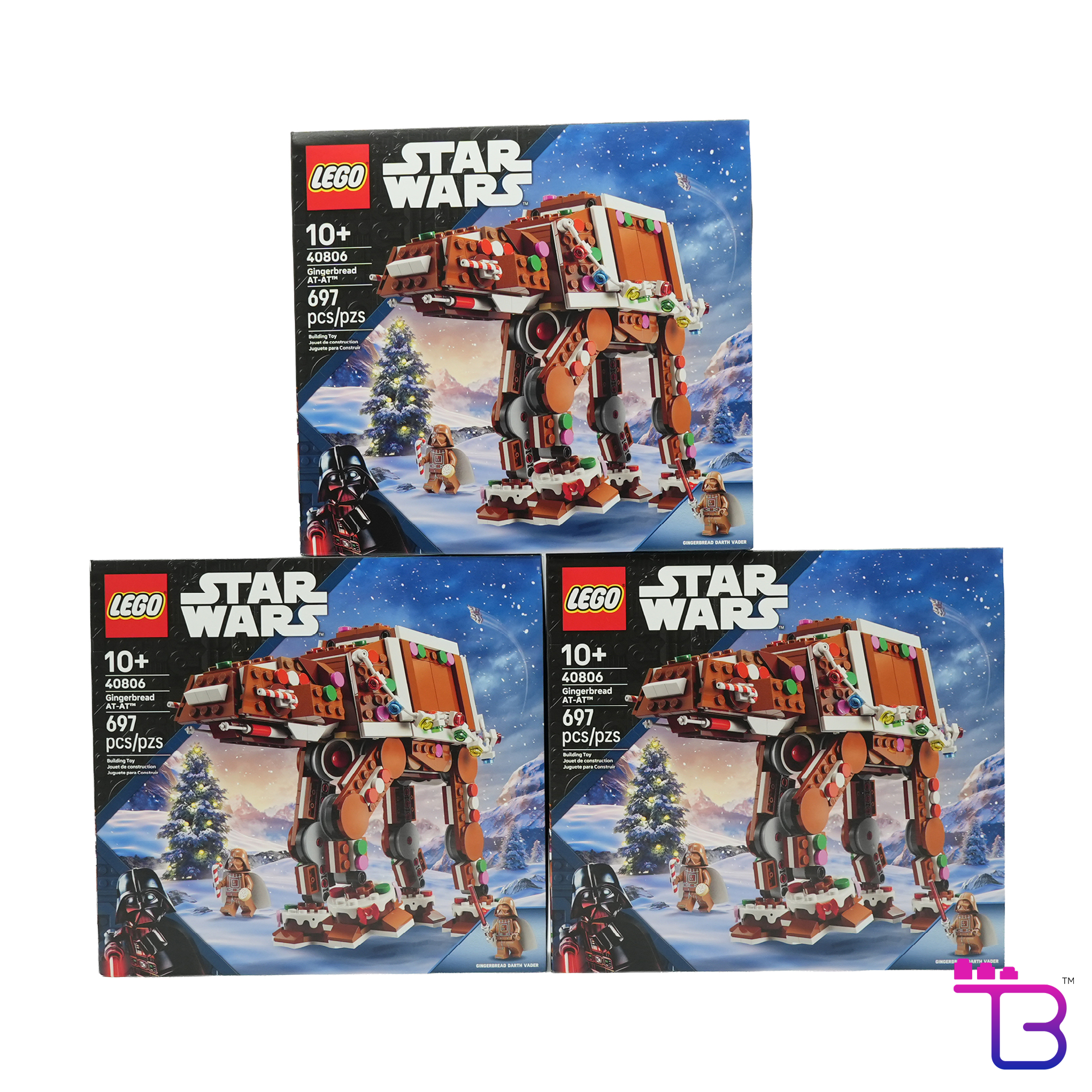 Three LEGO Star Wars AT-AT set 45686 boxes arranged in a triangle on a white background, with a purple and pink logo watermark in the bottom right corner.
